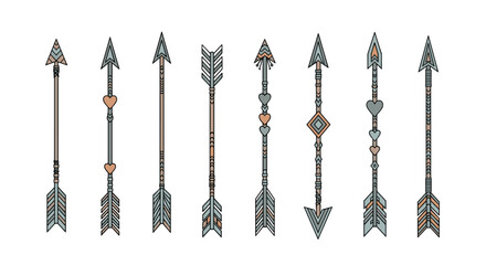 Collection of nine decorative tribal arrows with geometric patterns and heart accents.