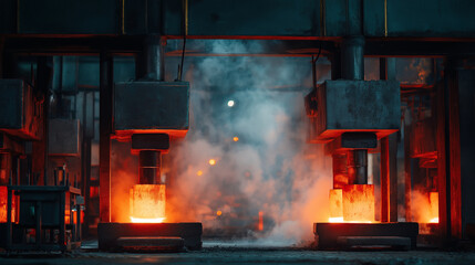 Industrial metal forging shop, red-hot metal being hammered, glowing steel, powerful presses, heat haze, dramatic industrial lighting, macro detail.