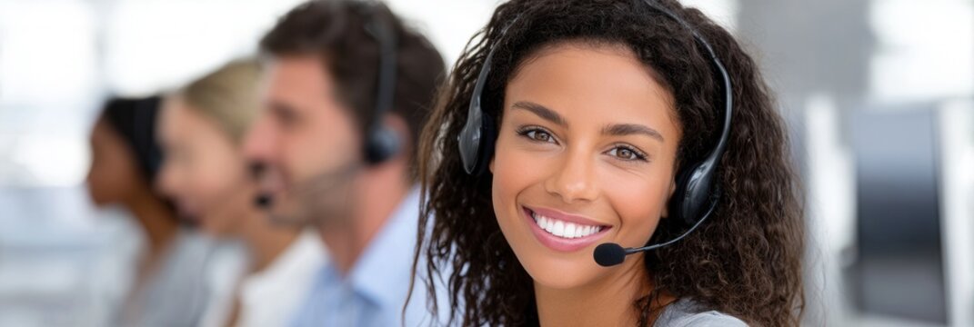 A cheerful customer service representative wearing a headset in a modern call center. The atmosphere is professional and friendly, ideal for business use.