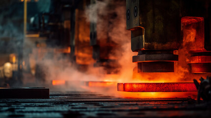 Industrial metal forging shop, red-hot metal being hammered, glowing steel, powerful presses, heat haze, dramatic industrial lighting, macro detail.