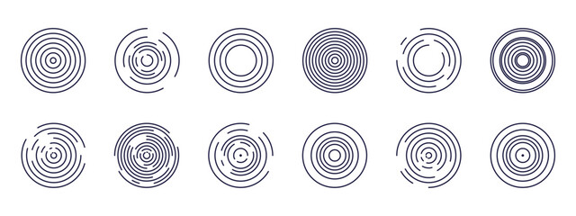 Concentric circles pattern illustration. Vector radial ripple rings with varied line spacing and gaps, symbolizing sound waves, signal expansion, radar pulses, and vibration echo effects.