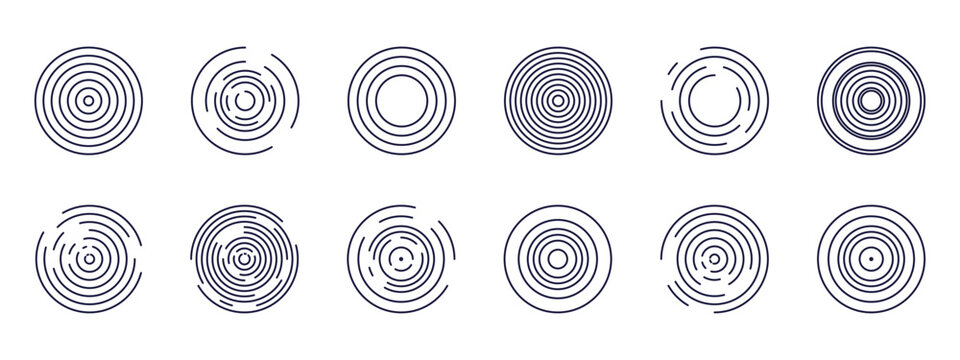 Concentric circles pattern illustration. Vector radial ripple rings with varied line spacing and gaps, symbolizing sound waves, signal expansion, radar pulses, and vibration echo effects.