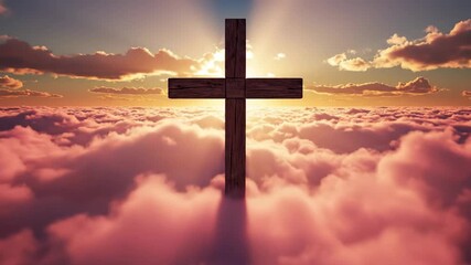 Wooden Cross in Heaven - A wooden cross stands silhouetted against a golden sunset and white clouds that resemble the sky of Heaven. - Powered by Adobe