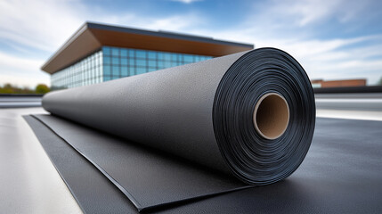 Große schwarze Materialrolle auf Baustelle mit modernem Gebäude im Hintergrund