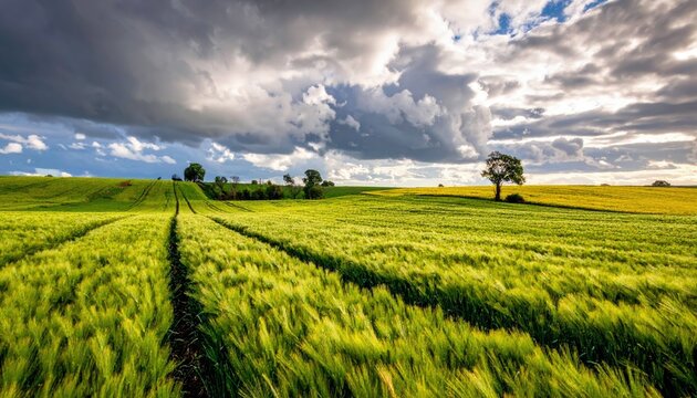 A wide, green field of wheat stretches towards a dramatic sky filled with dark, stormy clouds and patches of sunlight, with a single tree standing on the horizo