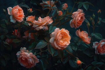 Peach roses blooming in dark green garden at night, creating a dreamy and romantic atmosphere