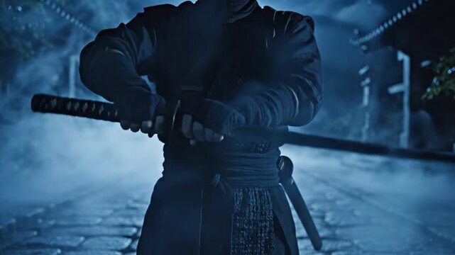 Ninja warrior in traditional outfit holding sword standing in front of building at night full moon in background