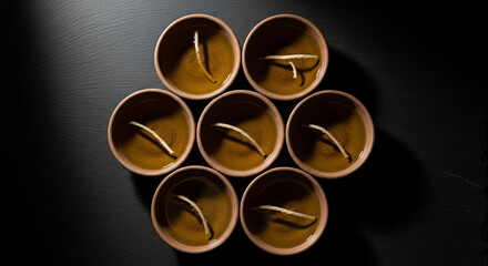 An Overhead View of Seven Clay Lamp Wicks Floating in Seven Separate Small, Pure Oil Bowls