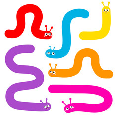 Caterpillar set. Insect icon. Cute crawling bug. Cartoon funny kawaii baby animal character. Smiling face. Colorful bright blue green yellow red orange pink color. Flat design. White background Vector