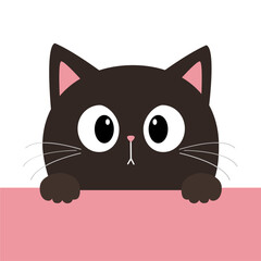 Cat kitty black silhouette holding pink paper. Paws. Cute Peeking kitten. Kawaii cartoon funny baby character. Happy Valentines Day. Childish style. Greeting card. Flat design White background Vector