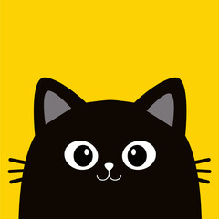 Cute cartoon peeking cat head face silhouette. Black kitten animal. Kawaii character. Baby card. Pet collection. Flat design. Childish style. Sticker print. Yellow background. Isolated. Vector