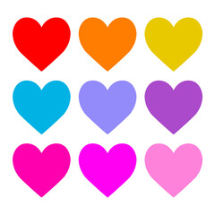 Colorful heart icon set. Happy Valentines day. Different color. Love sign symbol simple template. Greeting card. Decoration element. Square composition. Simple flat design. White background. Vector