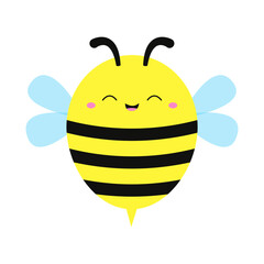 Cute Smiling Bee bumblebee honeybee icon. Cartoon kawaii funny character. Yellow black flying insect. Happy Valentines Day. Card Sticker print. Childish style. Flat design. White background. Vector