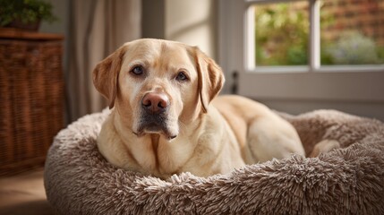 A golden dog rests comfortably on a plush bed in a sunlit room. The soft texture of the bed complements the dog's gentle expression and peaceful repose. Indoor setting.