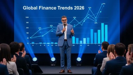 Mature businessman giving a speech on global finance trends at a business conference - Powered by Adobe