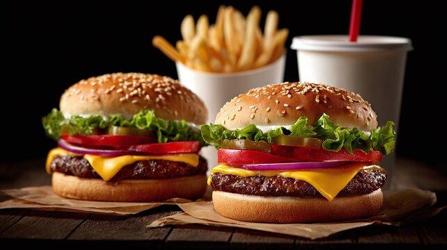 Delicious hamburgers served with fries and a soda. A perfect meal for any time of day! The juicy beef and fresh ingredients make these burgers a delight. - Powered by Adobe