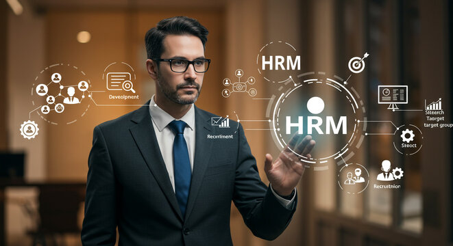 Professional businessman interacts with modern HR technology interface visualizing talent management and recruitment strategies for business growth