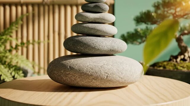 Stacked Stones Zen Still Life - This video shows a stack of smooth, rounded stones balanced on top of each other, forming a cairn or tower of rocks on a wooden platform.