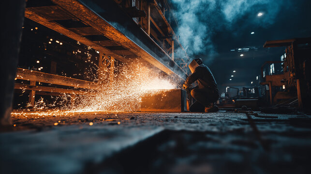 Industrial welding workshop, welder using arc torch, bright sparks flying, heavy metal structures, deep shadows, gritty high-detail environment.