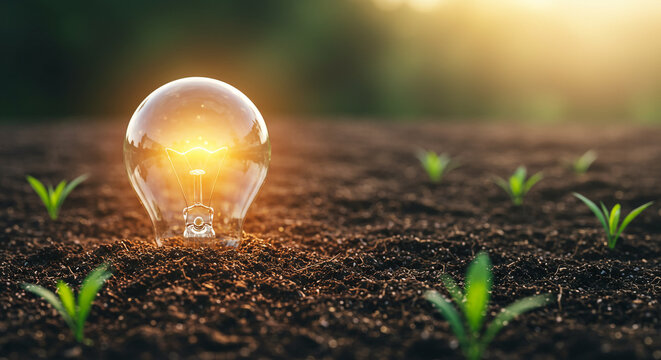 Inspiring new idea blooms with glowing lightbulb nurturing tiny seedlings in fertile soil at sunrise, symbolizing growth and innovation.