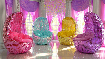 Colorful Sequin Egg Chairs in Glamorous Pink Interior with Curtains and Chandelier