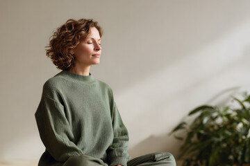 elderly woman engages in gentle meditation at home surrounded by lush greenery