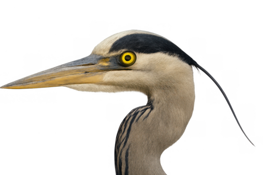 Grey heron ardea cinerea showcasing its unique head characteristics, extended beak, and vibrant golden eye, set against a clear background