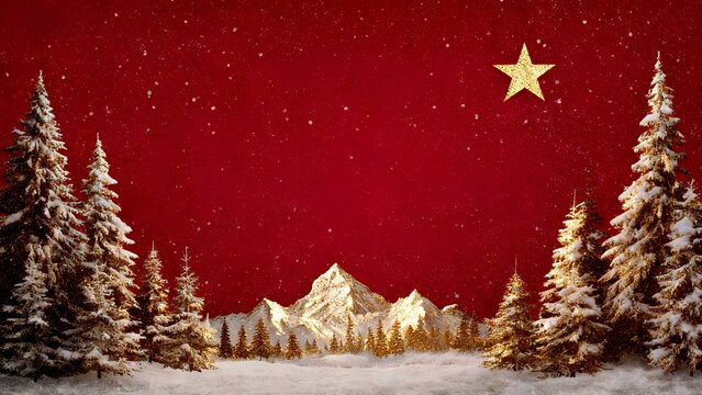 Golden Star Over Snowy Pines: Red Winter Mountain Landscape