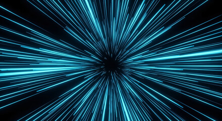 Abstract blue light streaks radiating from a central point on a dark black background design effect