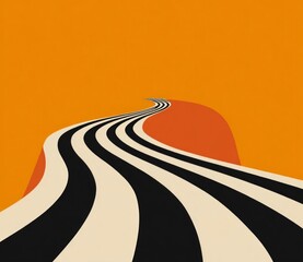 Path to the horizon: An eye-catching illustration of a black and white striped road leads towards the vibrant orange horizon, creating a sense of travel and direction.