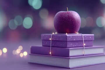 Purple books stacked elegantly with shiny apple on top, glowing ambiance