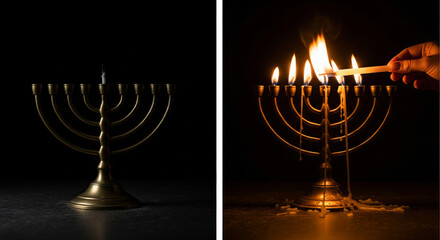 Fototapeta premium A Diptych: Panel 1: Unlit Menorah in Shadow. Panel 2: The Shamash in Motion, Approaching the First Candle