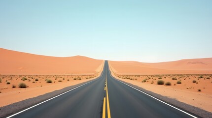 Endless highway stretches through stunning desert landscape under clear blue sky for adventurous travel concepts