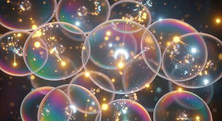 Captivating iridescent bubbles shimmer with glowing particles, creating a magical and ethereal abstract background for science and technology concepts.