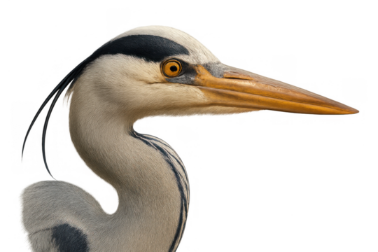 Grey heron profile with orange eye and long beak, wading bird close-up, cut out, transparent background