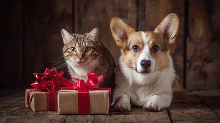 Holiday cheer with a feline friend and canine companion. The gifts are wrapped, bows are tied, and the pets are ready for the festivities to begin!
