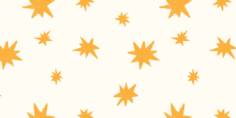 Crayon doodle stars seamless pattern. Shine sparkle hand drawn comic background. Children baby style yellow pencil texture spark. Grunge bling shapes. Playful wallpaper textile design