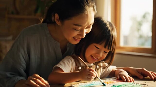 A mother hugs her daughter at an easel with watercolor paints in a sunny room with gauze curtains.