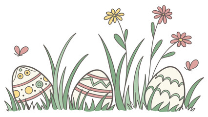 Easter eggs hidden in grass with flowers and butterflies in a whimsical springtime scene drawing
