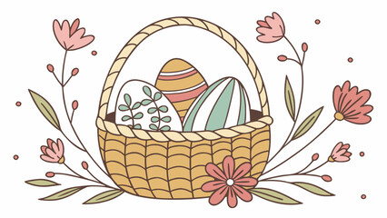 A basket filled with easter eggs surrounded by flowers and leaves in a decorative arrangement