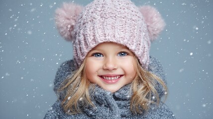 A young girl smiling warmly, bundled up in winter clothing against a snowy backdrop. Her rosy cheeks and bright eyes capture the joy of the season, clad in a knitted hat and scarf.