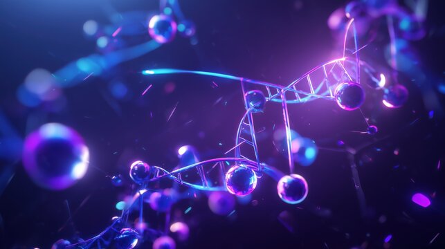 Stunning DNA structure illustration with vibrant purple and blue lighting, perfect for science, research, or technology projects and presentations