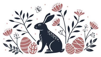 Illustration of a bunny with easter eggs flowers and a butterfly in a decorative floral arrangement