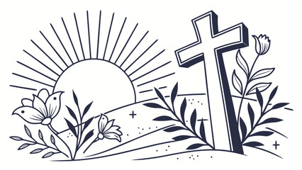 Illustration of a cross with flowers and a rising sun in a simple black and white design style