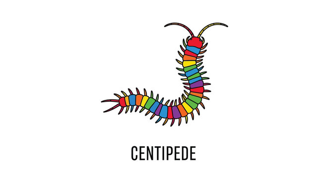 A colorful illustration of a centipede with a rainbow body and antennae