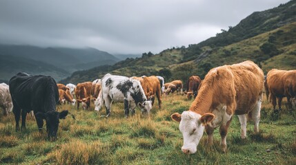 A serene pasture scene unfolds with diverse cattle grazing peacefully on lush grass under a clouded sky, set against a backdrop of rolling hills. A pastoral moment of nature's rhythm.