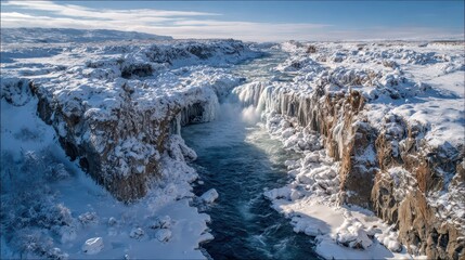 Aerial view of Iceland waterfall and mountain landscape