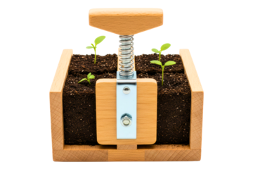 Wooden soil block maker tool with young green seedlings isolated with transparent background