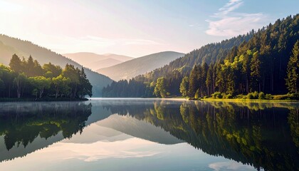 A serene lake mirrors a dense, green forest and layered, misty mountains under the soft light of sunrise.