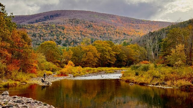 Autumn river landscape with colorful fall foliage and forested mountains under cloudy sky. A person standing by the riverbank adds scale to the peaceful and vibrant seasonal scene.